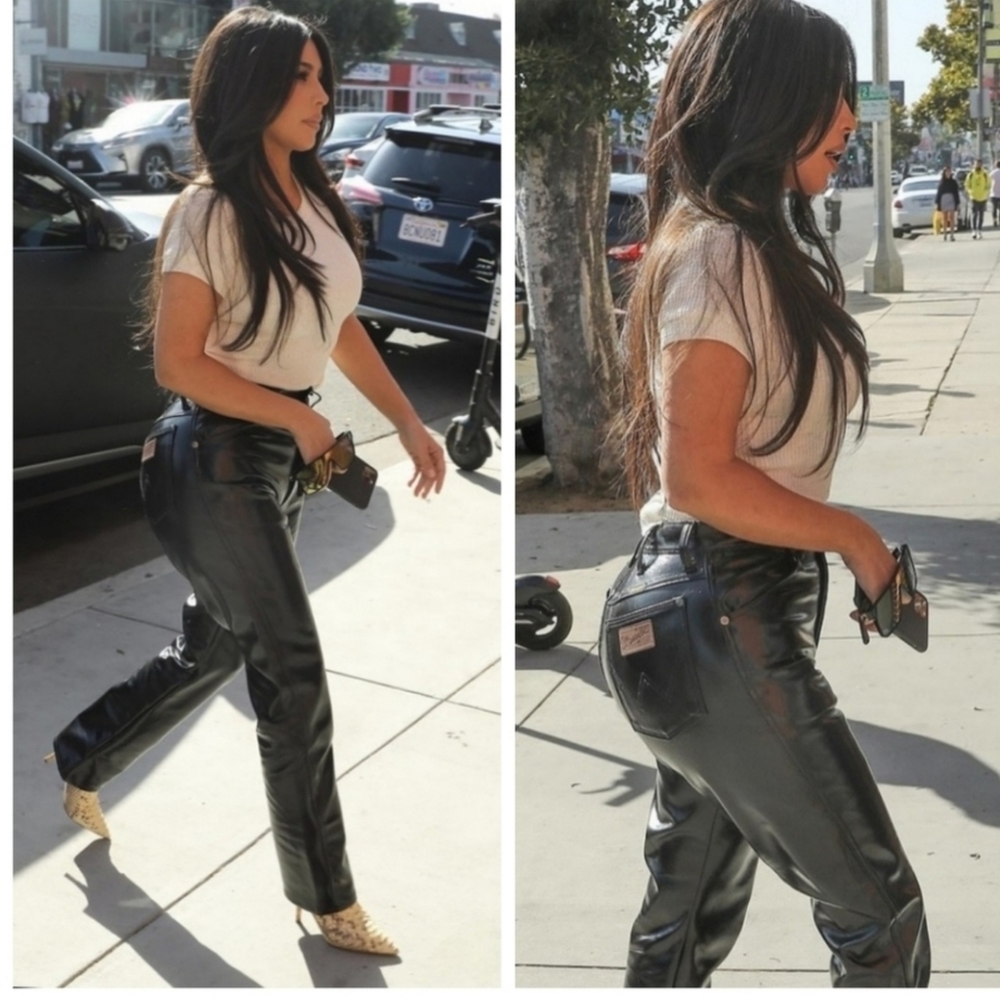 Kim Kardashian Wrangler leather cowboy cut slim fit coated black jeans size 28